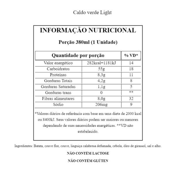 Tabela Nutricional Caldo verde Light