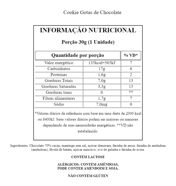 Tabela Nutricional Cookie Gotas de Chocolate