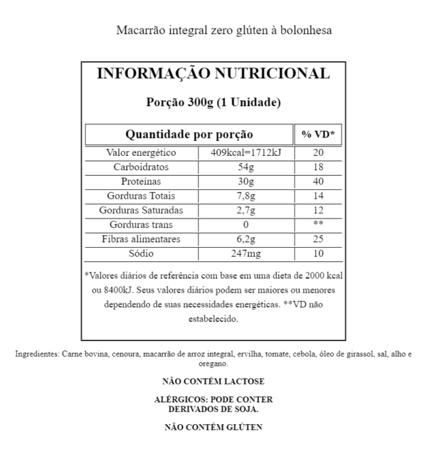 Tabela Nutricional Macarrao integral zero gluten a bolonhesa