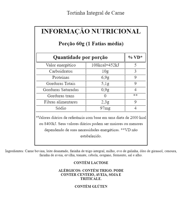 Tabela Nutricional Tortinha Integral de Carne