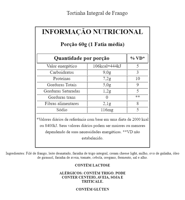 Tabela Nutricional Tortinha Integral de Frango