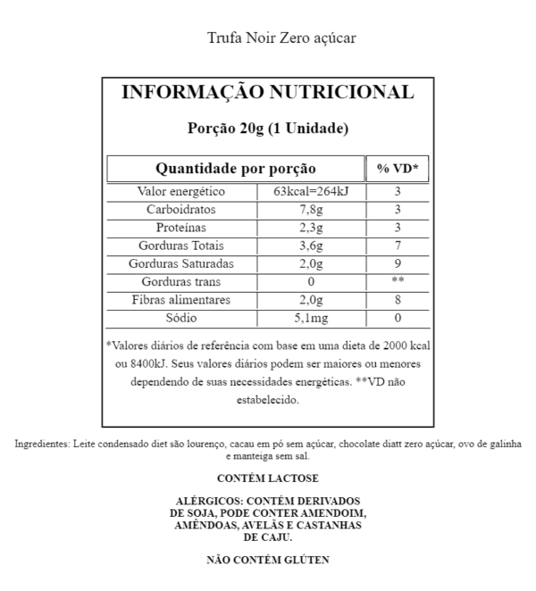 Tabela Nutricional Trufa Noir Zero acucar