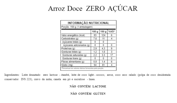 Tabela Nutricional Arroz Doce ZERO ACUCAR 1