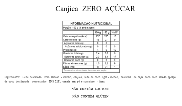 Tabela Nutricional Canjica ZERO ACUCAR